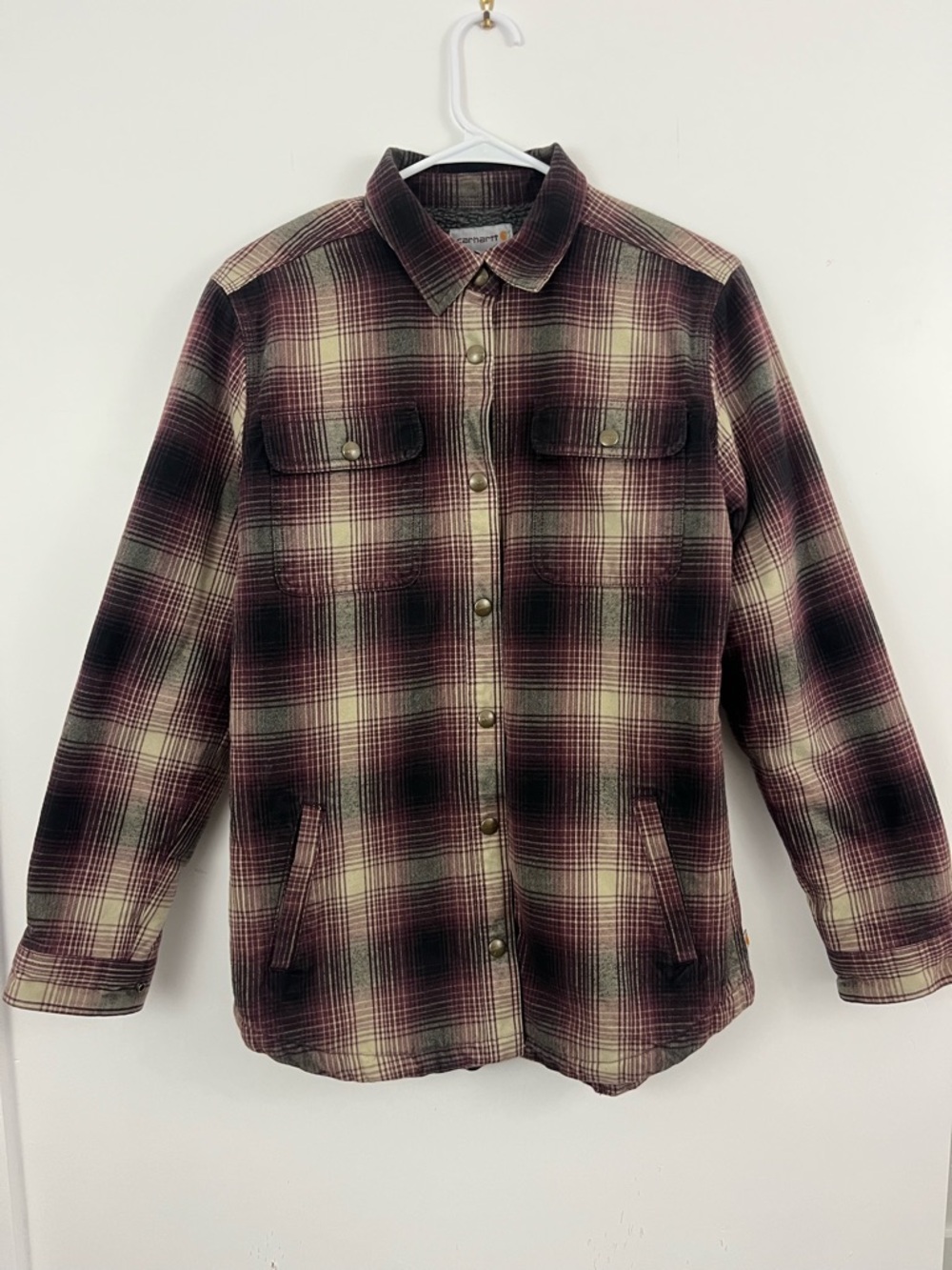 Carhartt Sherpa Lined Plaid Jacket Women’s M (8/10) Burgundy Flannel Workwear